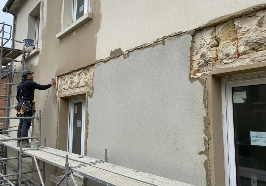 Ravalement façade avec enduit gratté monocouche et traitement fissures structurelles  proche de Roquebrune sur Argens Var 83520