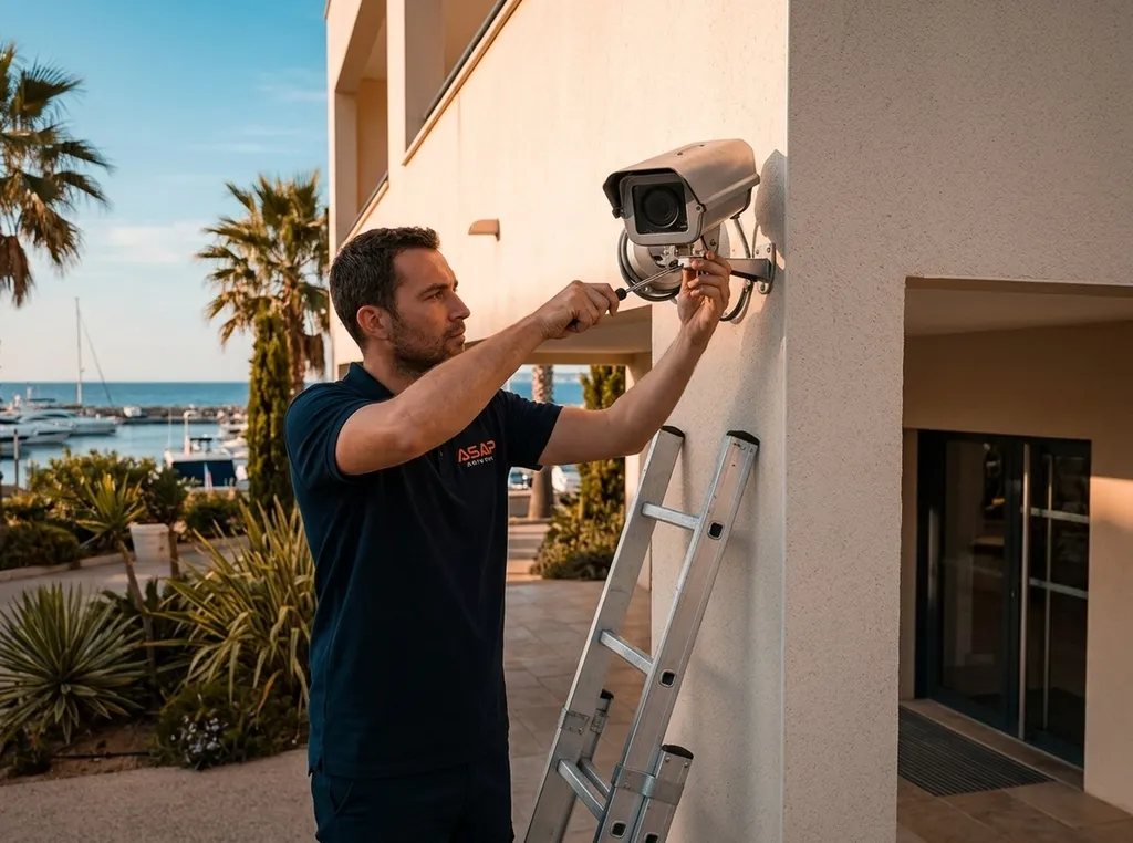Installation de caméra de surveillance renforcée IP66/IP67 résistante aux embruns salins et conditions marines sur façade d'hôtel ou commerce en bord de mer à Hyères 