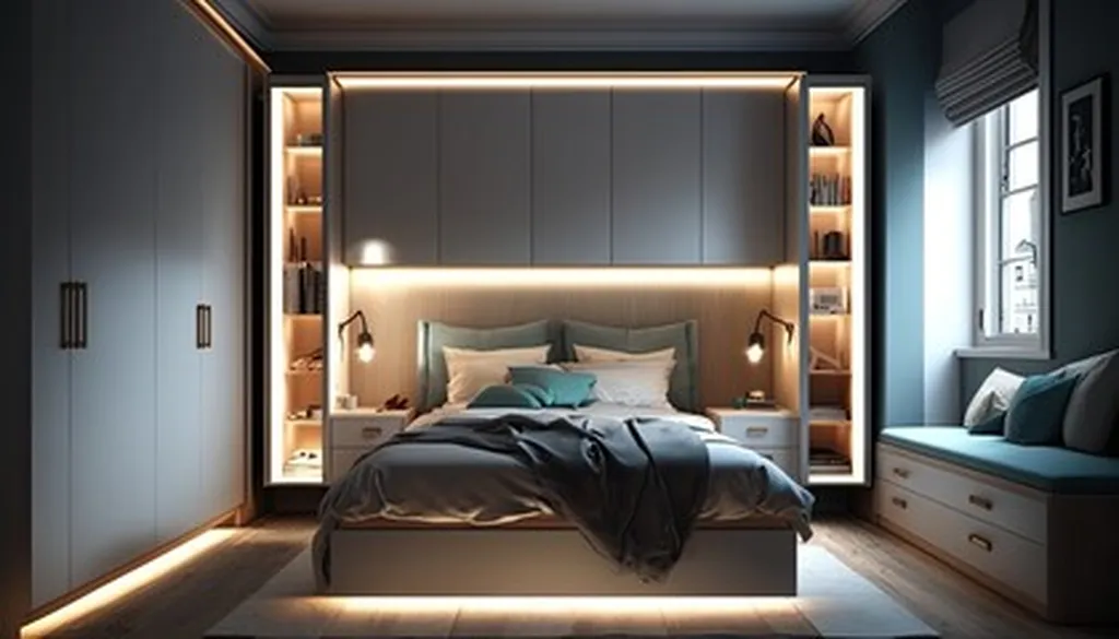 chambre avec mobilier sur mesure autour du lit 