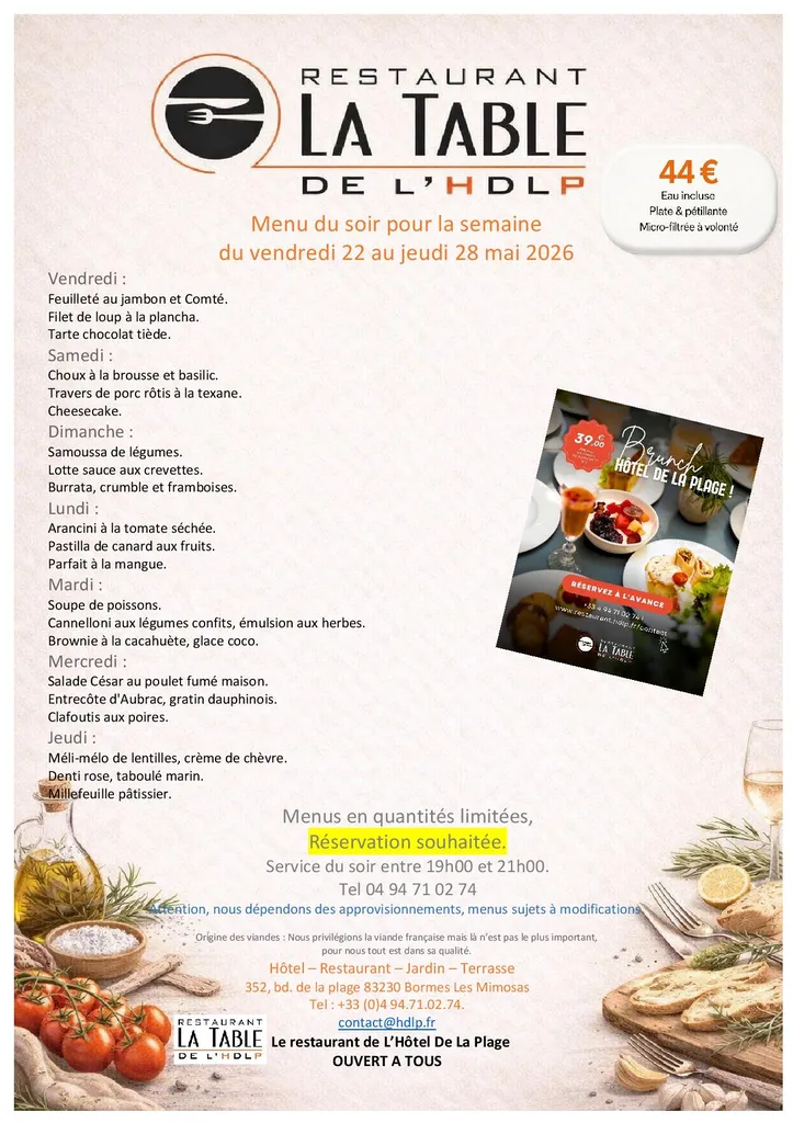 Menu du soir pour la semaine du 22 au 28 mai 2026 - La Table de L'HDLPL-Hôtel de La Plage. 