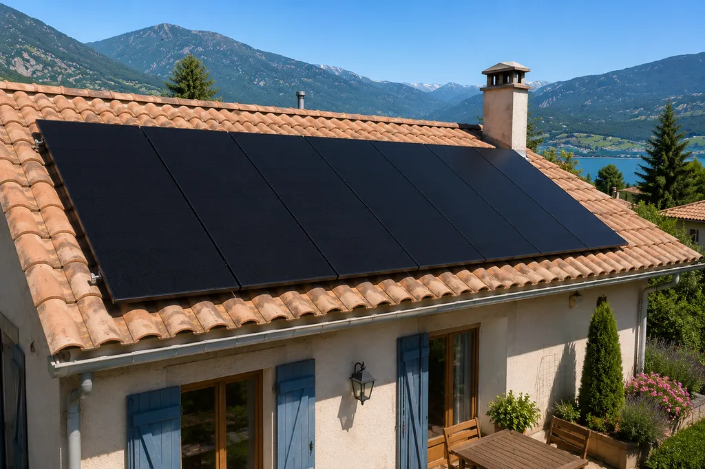 Installation de 7 panneaux photovoltaïques Full Black de 430 Wc avec micro-onduleurs APsystems et stockage virtuel BAT Powers réalisée par T Industrie à Savines-le-Lac (05). Une solution performante permettant de produire sa propre électricité, d'optimise