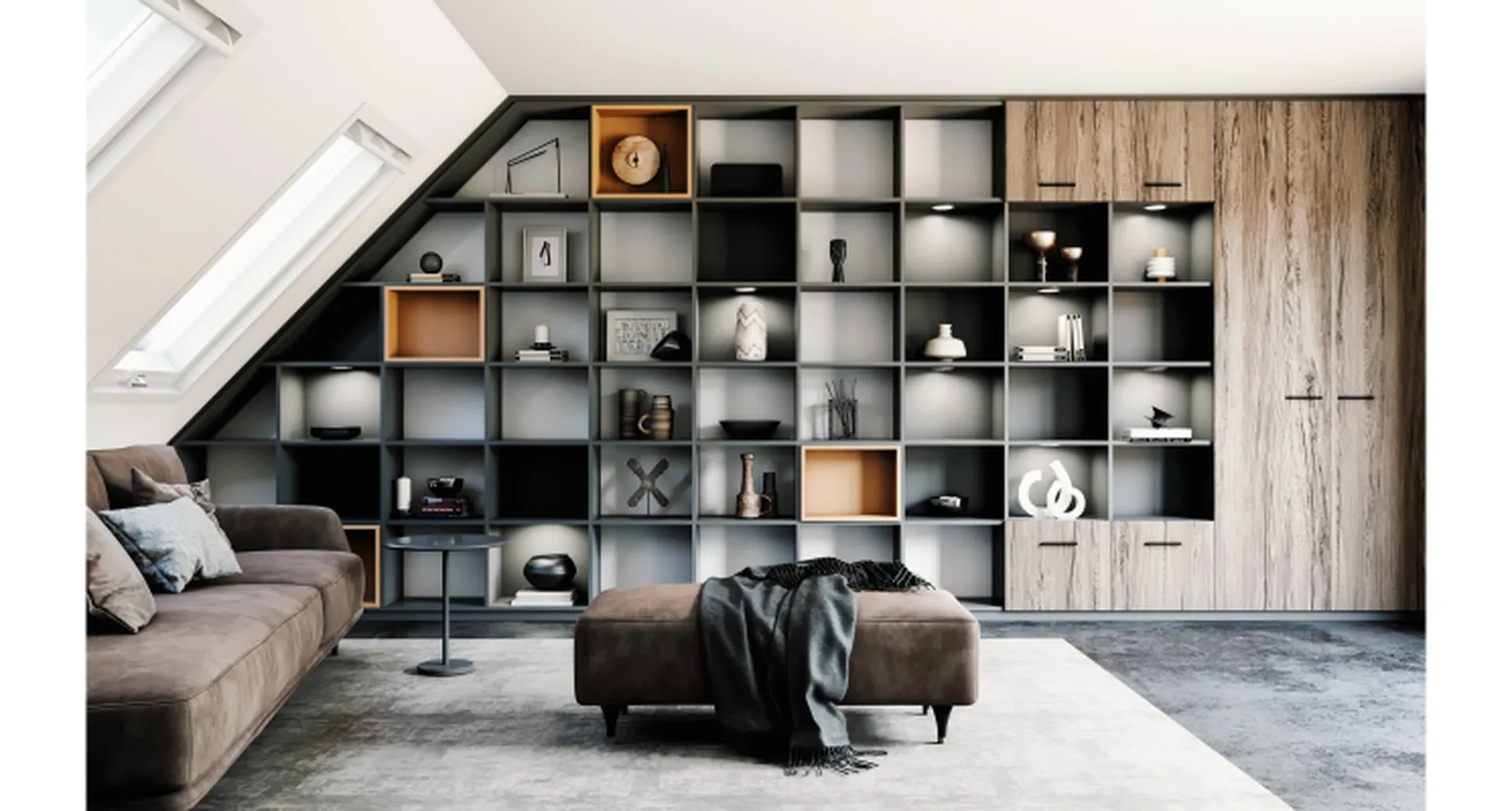 Bibliothèque sous pente tricolore avec niches ouvertes, fermées et éclairage intégré en Occitanie