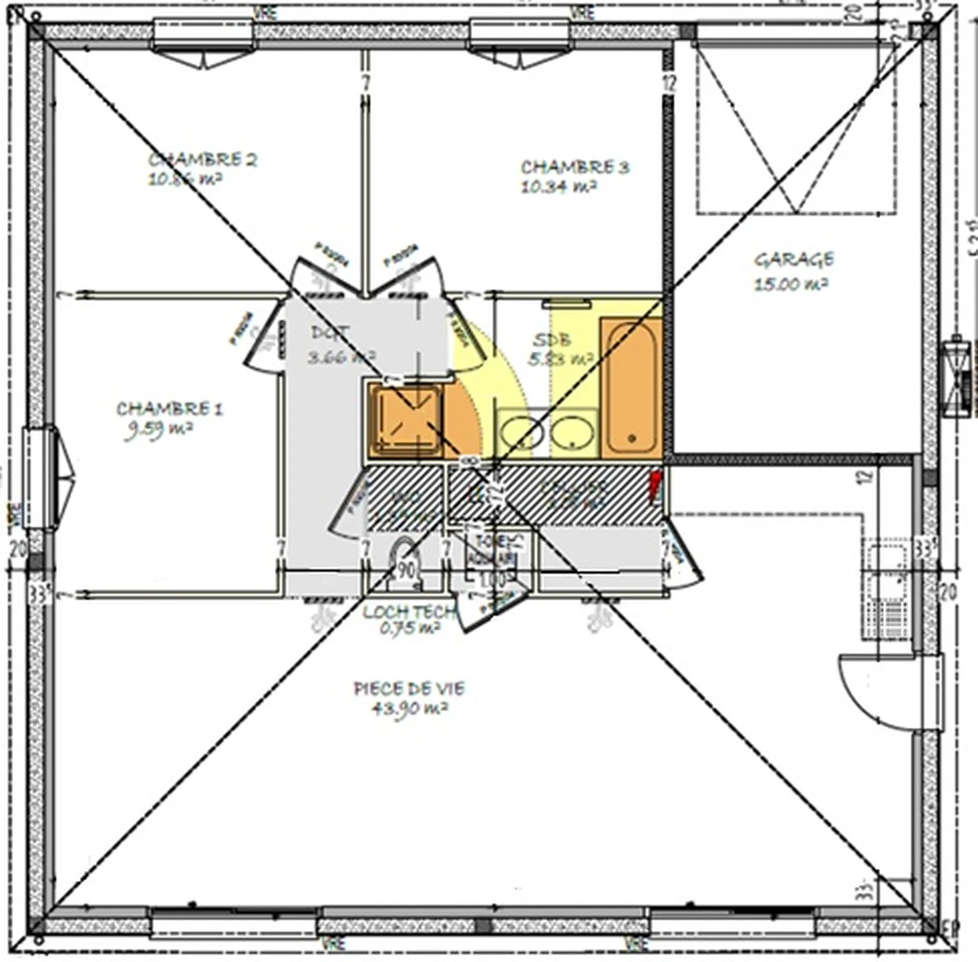 Modèle de maison carré de 90 m² avec garage de 15 m²