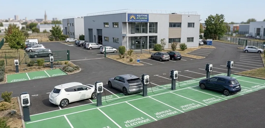 À Bordeaux 33 et dans la CUB, mise en conformité Loi LOM des parkings d'entreprises par l'installation de bornes de recharge doubles 11kW supervisées avec l'expertise métier d'Aquitaine Énergie.