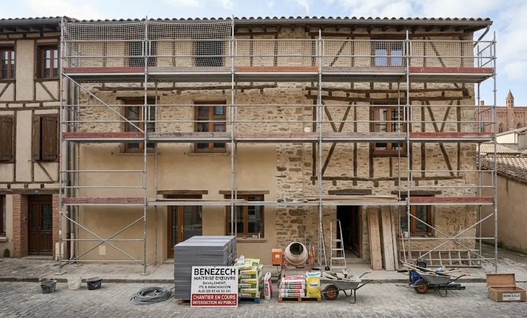 Vue d'un chantier de rénovation de façade à Albi avec échafaudage, sous la direction de Benezech Maîtrise d'Œuvre. La photo montre les matériaux et équipements prêts pour le ravalement et l'ITE d'un bâtiment en pierre.