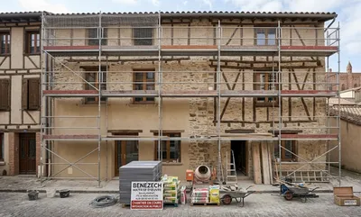 Vue d'un chantier de rénovation de façade à Albi avec échafaudage, sous la direction de Benezech Maîtrise d'Œuvre. La photo montre les matériaux et équipements prêts pour le ravalement et l'ITE d'un bâtiment en pierre.