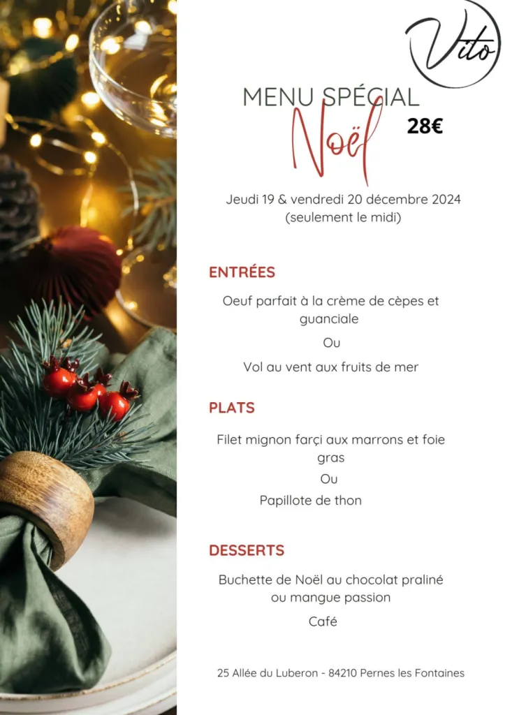 Menu de Noël du restaurant italien Vito à Pernes-les-Fontaines dans le 84