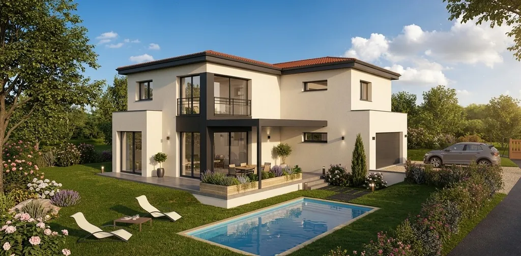 Projet de construction d'une maison neuve contemporaine de 4 chambres avec terrasse et garage à Frontenas proche de Villefranche sur Saône