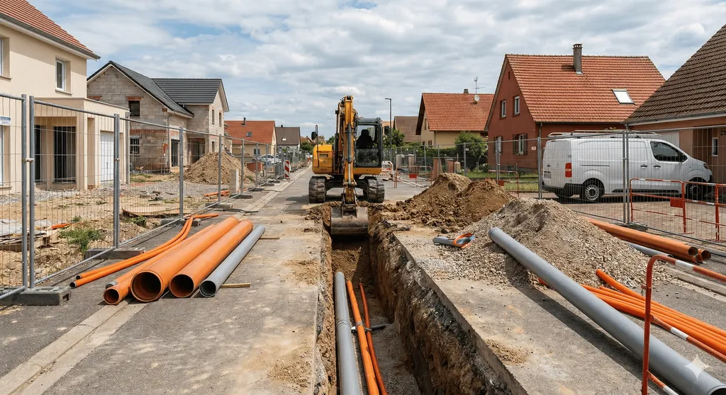 Travaux de raccordement au réseau tout-à-l'égout avec viabilisation VRD et tranchée d'assainissement collectif pour lotissement et maison individuelle à Rosheim proche Obernai dans le Bas-Rhin 67560
