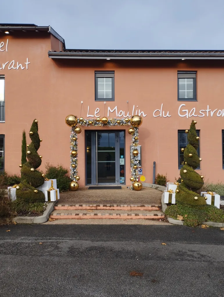 Décoration de Noël du restaurant « le Moulin du Gastronome » avec guirlandes artificielles garnies de boules or et blanches de différentes tailles et lumières scintillantes à Charnay-lès-Mâcon