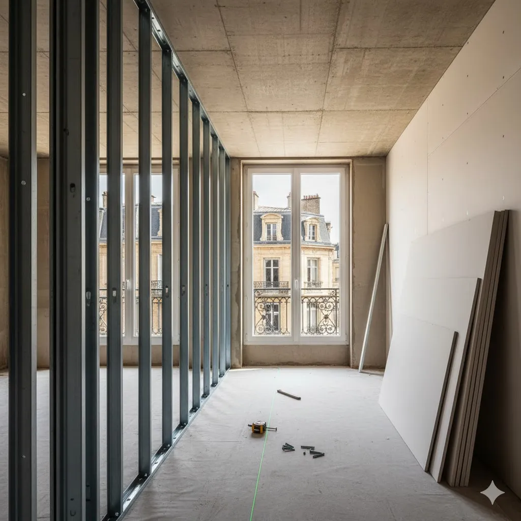 Un plaquiste professionnel mesurant et découpant une plaque de plâtre sur un chantier propre et organisé à Bordeaux, avec des outils modernes à disposition.