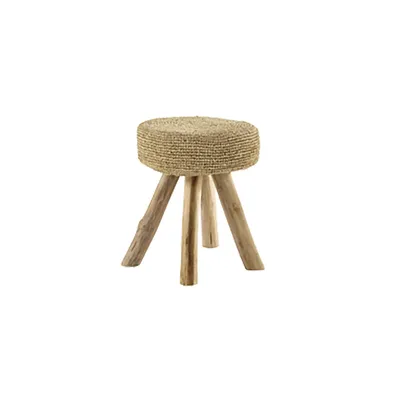 Location de mobilier tabouret bas en bois et rotin à Lyon