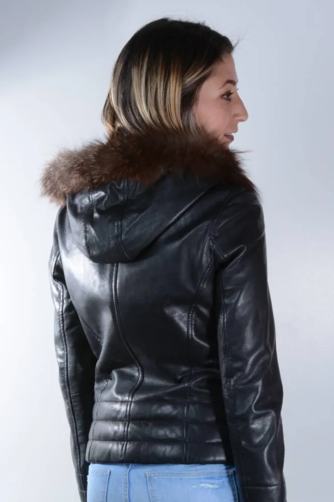 blouson capuche cuir noir Black Lines femme