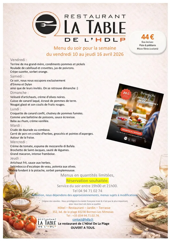 Tout frais tout bon et fait maison, voici les menus des prochains soirs à La Table de L'HDLP de Bormes Les Mimosas