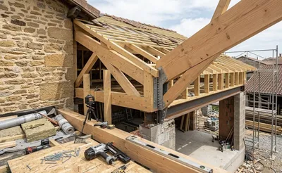 Suivi de chantier par un maître d'œuvre pour l'extension en ossature bois d'une maison en pierre à Carmaux.