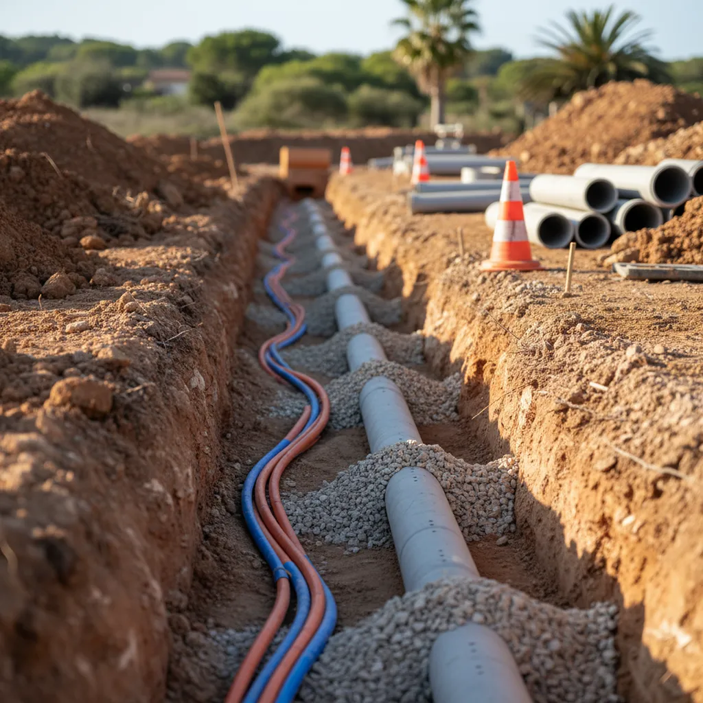 Société pour raccordement VRD et tranchées techniques à Cavalaire-sur-Mer vers La Croix-Valmer : pose de fourreaux et évacuation des eaux par drainage PVC.