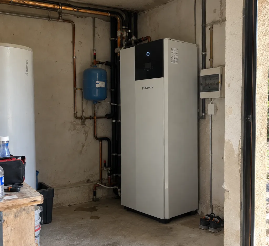 Installation d’une pompe à chaleur air/eau avec plancher chauffant pour une maison à Gréoux-les-Bains dans les Alpes-de-Haute-Provence
