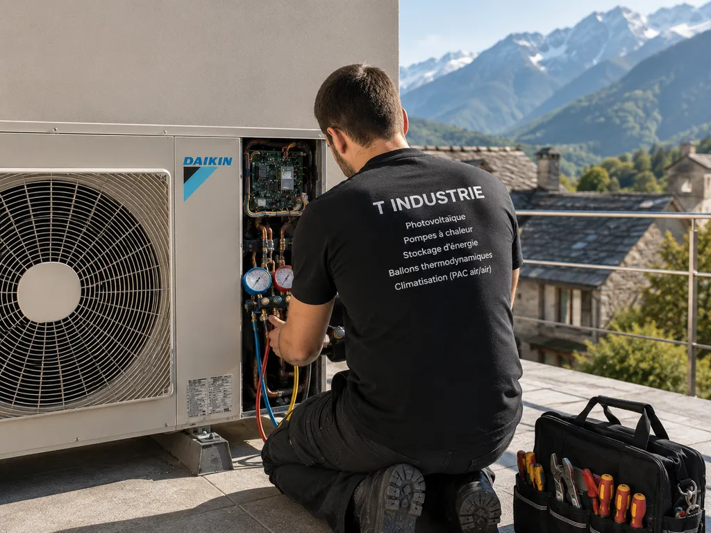 Entretien annuel d'une pompe à chaleur réalisé par les techniciens de T Industrie à Briançon. Vérification du circuit frigorifique, nettoyage des échangeurs et contrôle complet de l'installation pour garantir un fonctionnement optimal toute l'année.
