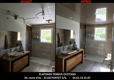 Un plafond tendu BARRISOL  laqué dans une pièce humide, salle de bains by Plafonds Tendus Occitans à Frouzins