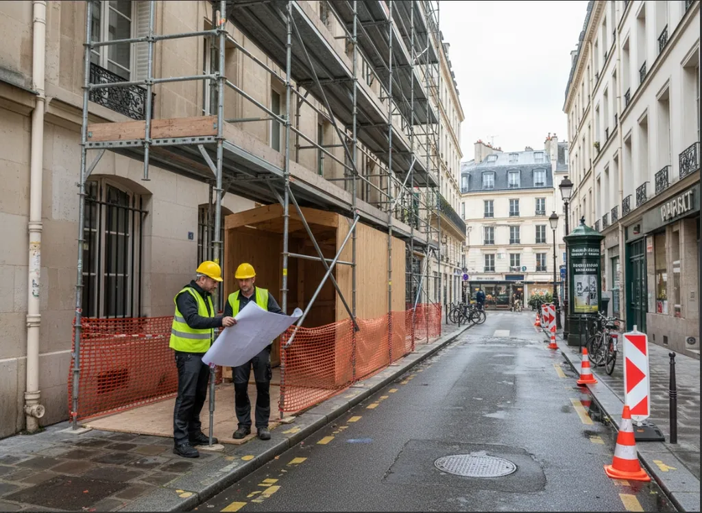 Préparation d’un chantier avec échafaudage en voirie, signalisation de sécurité et adaptation de l’installation aux règles administratives applicables en zone urbaine.