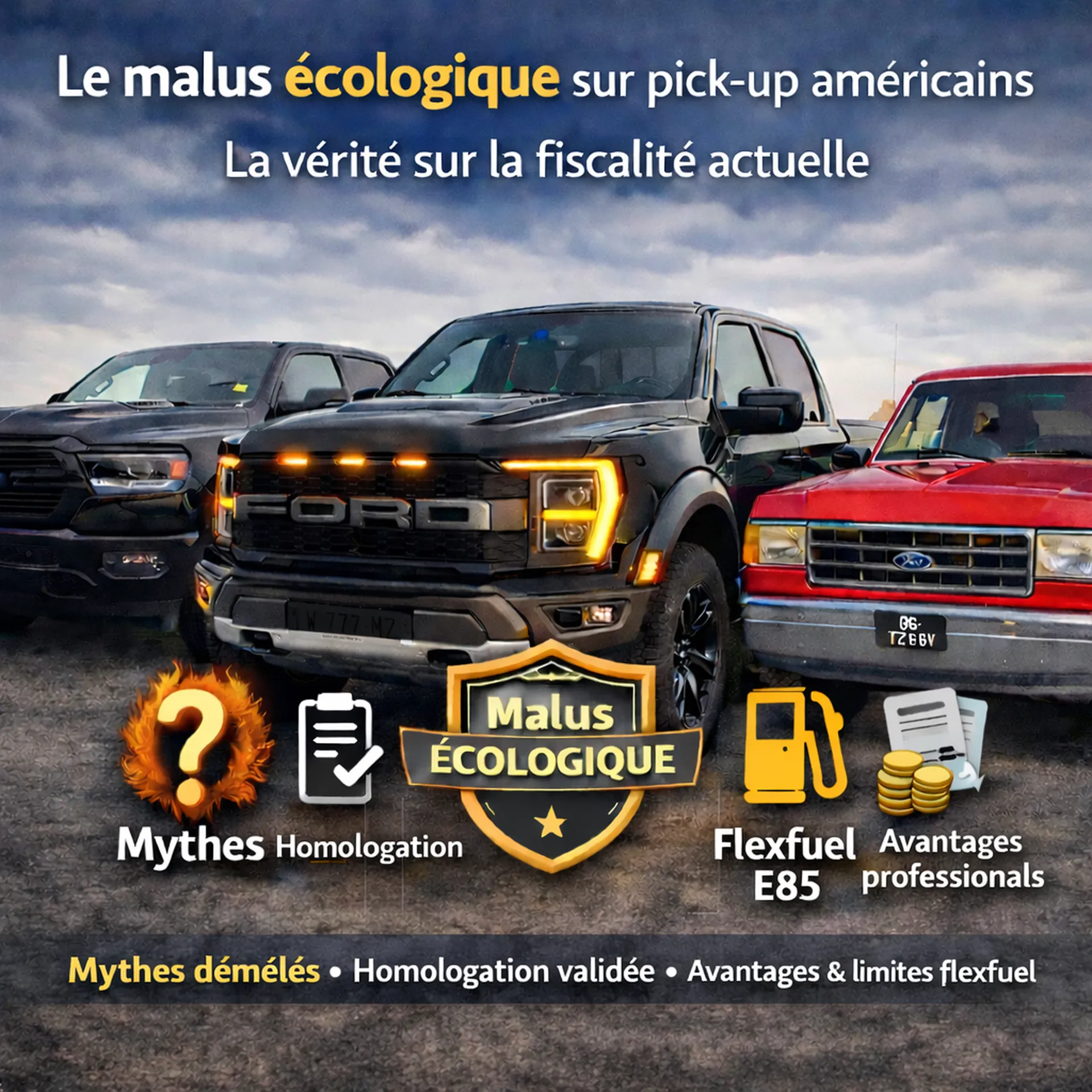 La vérité sur le malus écologique des pick-up américains : mythes, homologation utilitaire, flexfuel E85, fiscalité pro et import Canada expliqué