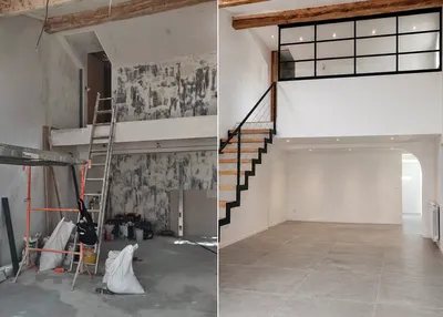 Rénovation totale d’une maison à Aix-en-Provence avec mezzanine, verrière intérieure noire, escalier métal bois et pièce de vie en double hauteur