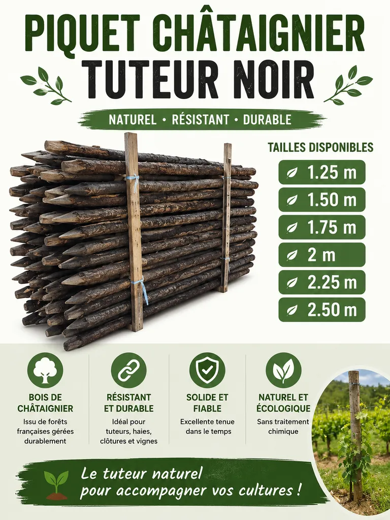 Piquet en châtaignier noir – Tuteur naturel en bois pour clôtures, vignes et plantations