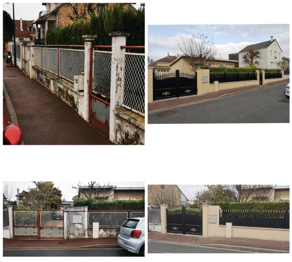 Remplacement de portail à Sannois 95110 dans le Val d’Oise : portail métallique gris et doré et sa clôture assortie