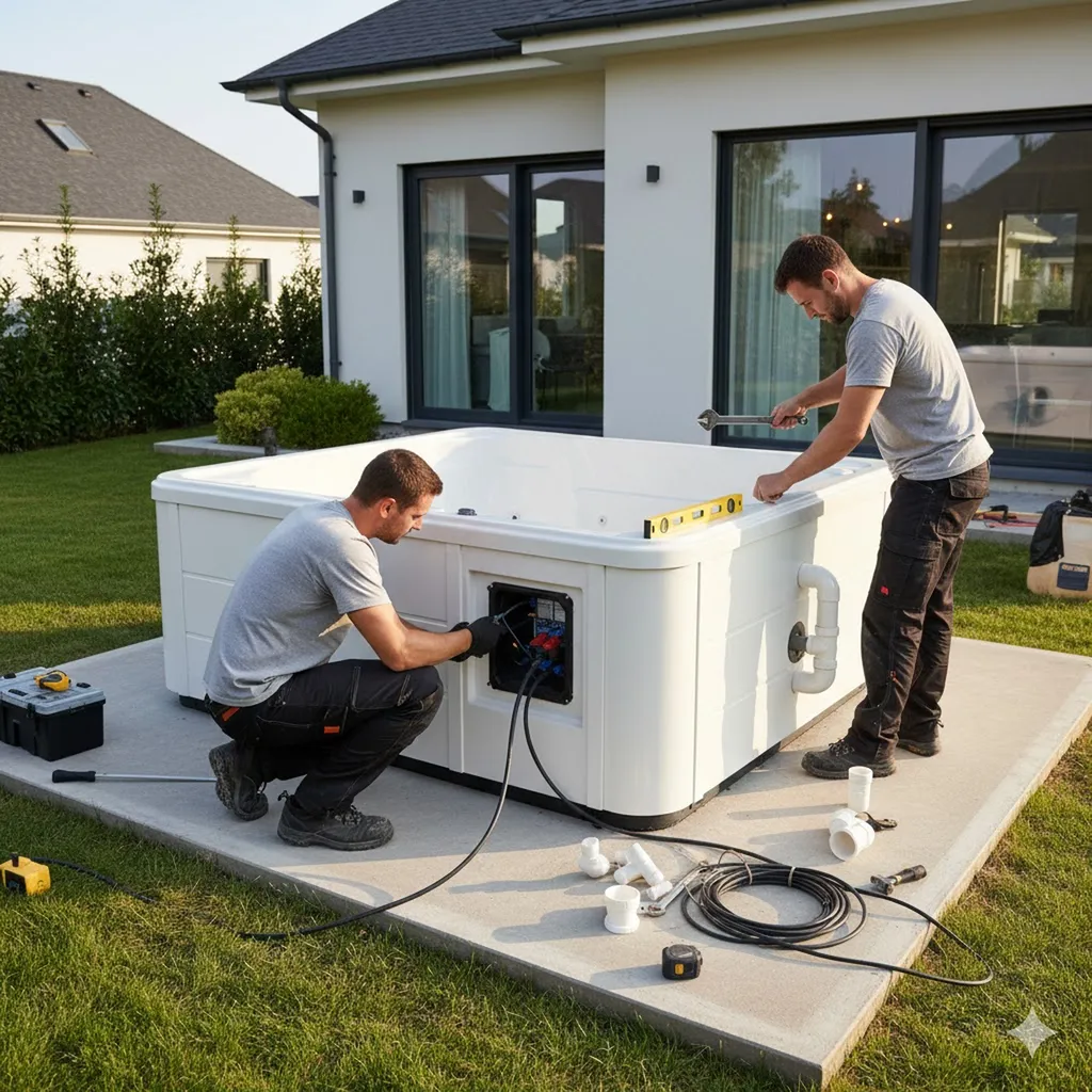 Installation d’un spa en extérieur sur dalle béton, avec deux techniciens en cours de réglage et de raccordement.