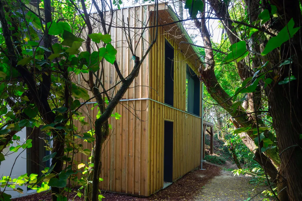 Extension bois nichée entre les arbres  AKIKO ARCHITECTURE — Piraillan, Cap-Ferret — extension verticale & liaison des niveaux L’extension en bardage de pin brut se glisse entre les troncs pour relier les étages. Sa verticalité et ses lignes fines redessi