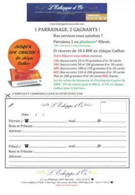 Vendez votre or et gagnez des chèques cadhoc en parrainant vos amis, voisins, parents pour leur rachat d'or. Vendez votre or et gagnez des chèques cadhoc en parrainant vos amis, voisins, parents pour leur rachat d'or.