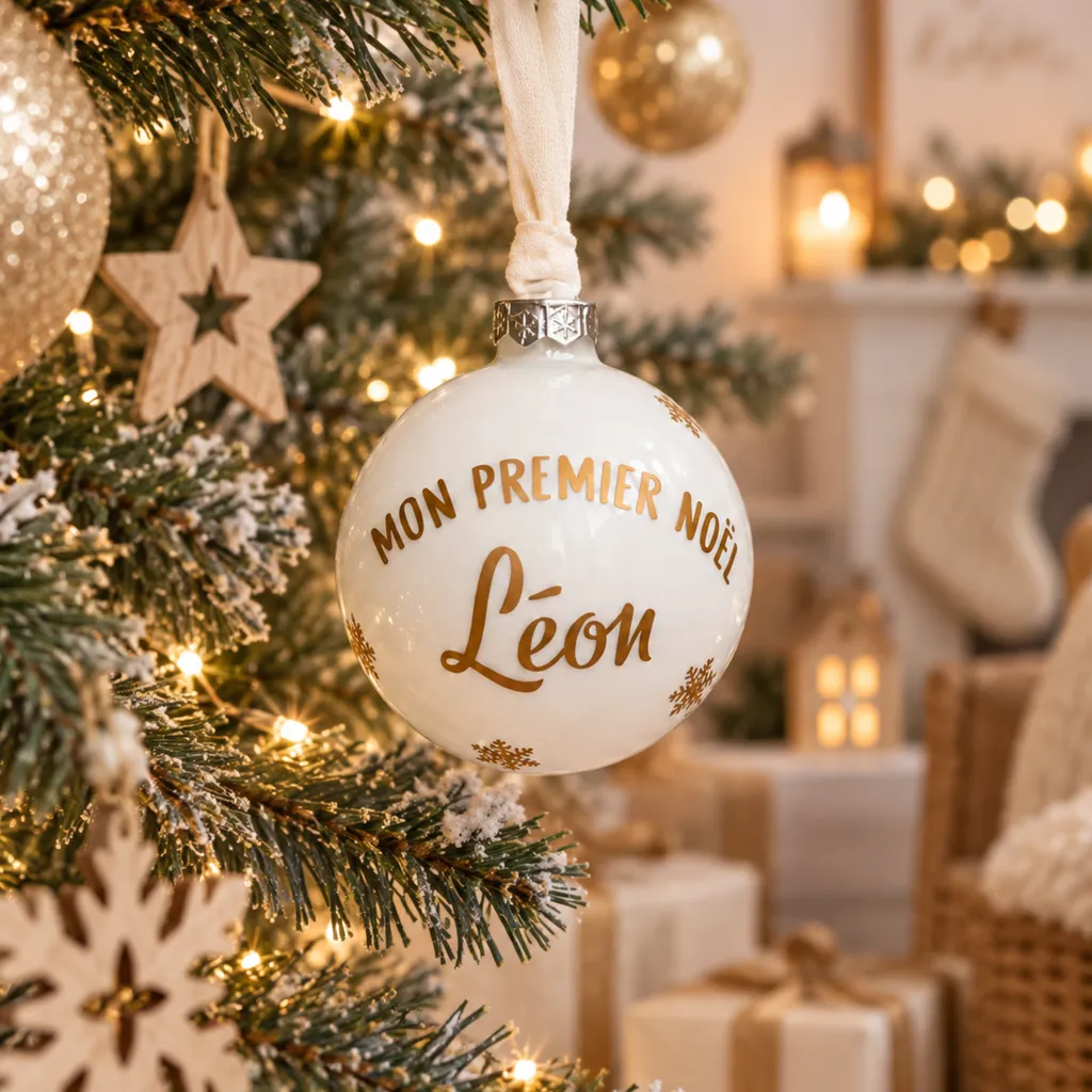 Boule Mon premier Noël personnalisée en verre blanc avec prénom de bébé pour décorer le sapin thème bois et blanc