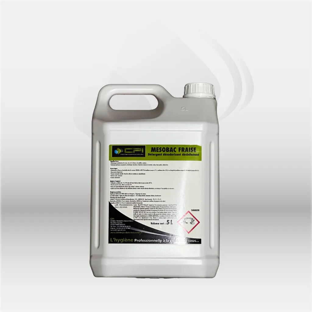 Détergent sols et surfaces surodorant Mésobac PLMS 5L, bactéricide NF EN 1040 et fongicide NF EN 1275, 3 parfums Fraise Citron Pin Eucalyptus, usage serpillère éponge autolaveuse collectivités – disponible à Mont-de-Marsan, Landes (40), Nouvelle-Aquitaine