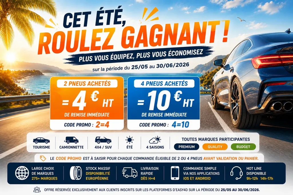 Profitez de remises immédiates sur vos pneus toutes saisons et été dans vos agences Midi Pièces Auto