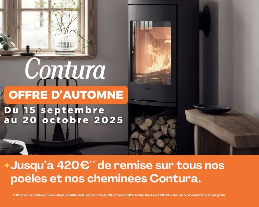 Offre d’Automne Contura – Jusqu’à 420 €* de remise chez Courtois Cheminées Toulouse