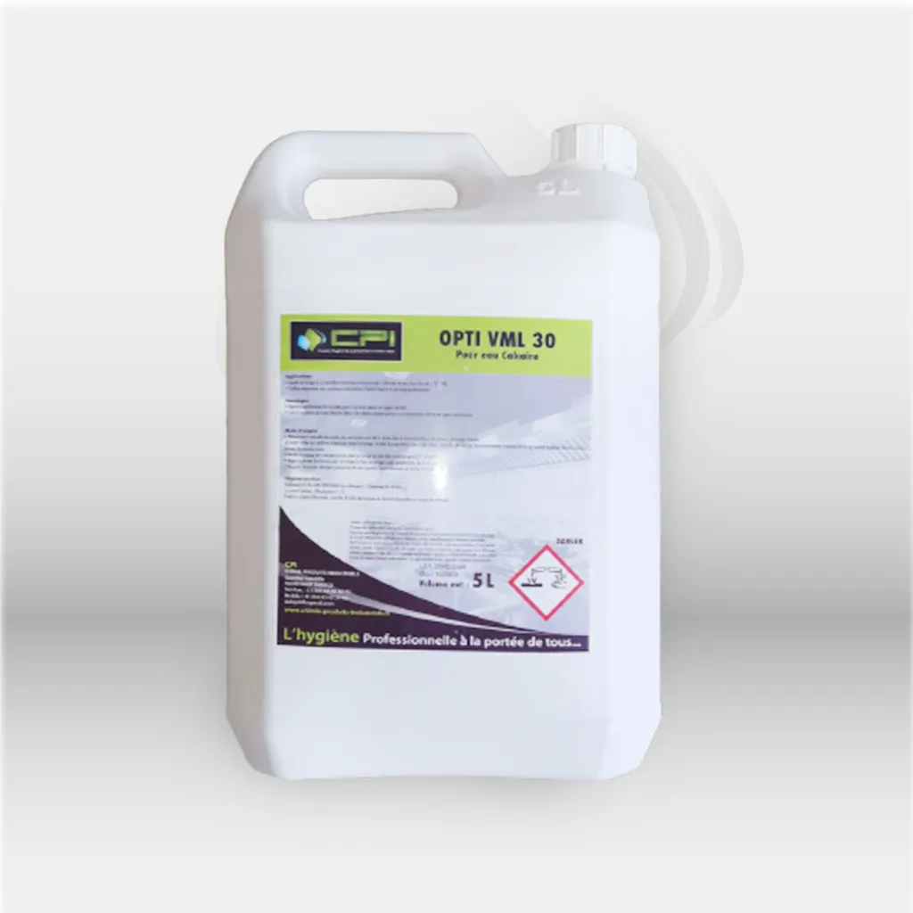 Liquide vaisselle machine professionnelle Opti VML 30 5L pour eau dure, idéal pour lave-vaisselle industriel en restauration et collectivités, garantissant dégraissage puissant, efficacité anticalcaire et vaisselle sans traces – disponible à Mont-de-Marsa