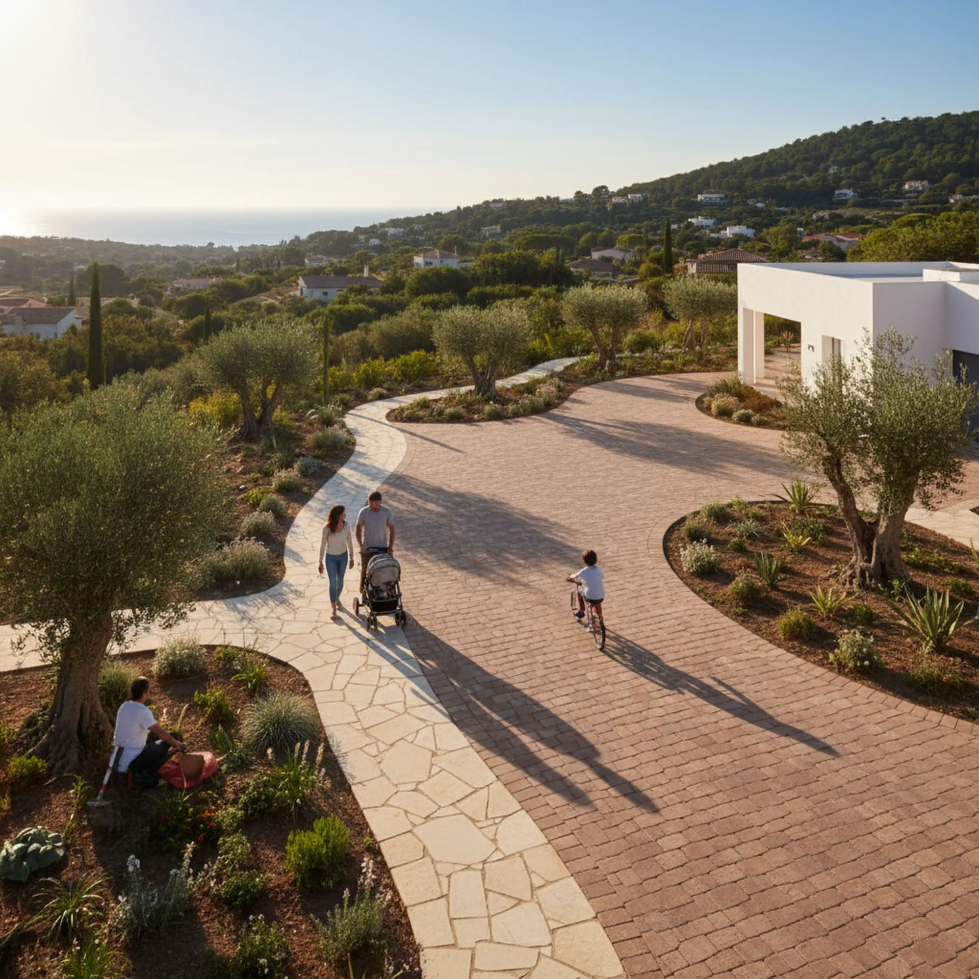 Création d'allées carrossables et piétonnes à Toulon près de La Seyne-sur-Mer : Pose de pavés et dalles pour structurer la circulation du jardin.