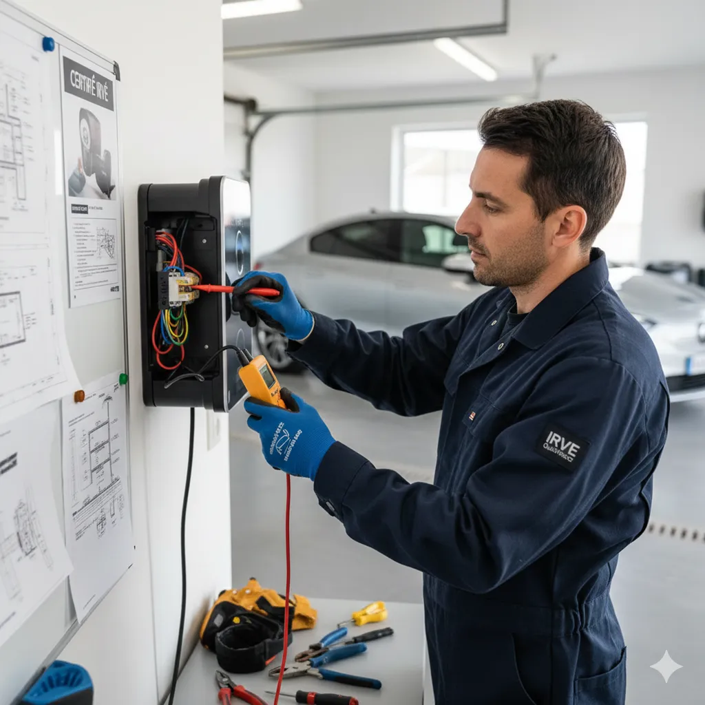 Installateur IRVE professionnel en gants et uniforme, vérifiant la connexion d'une nouvelle borne de recharge électrique murale dans un garage résidentiel.