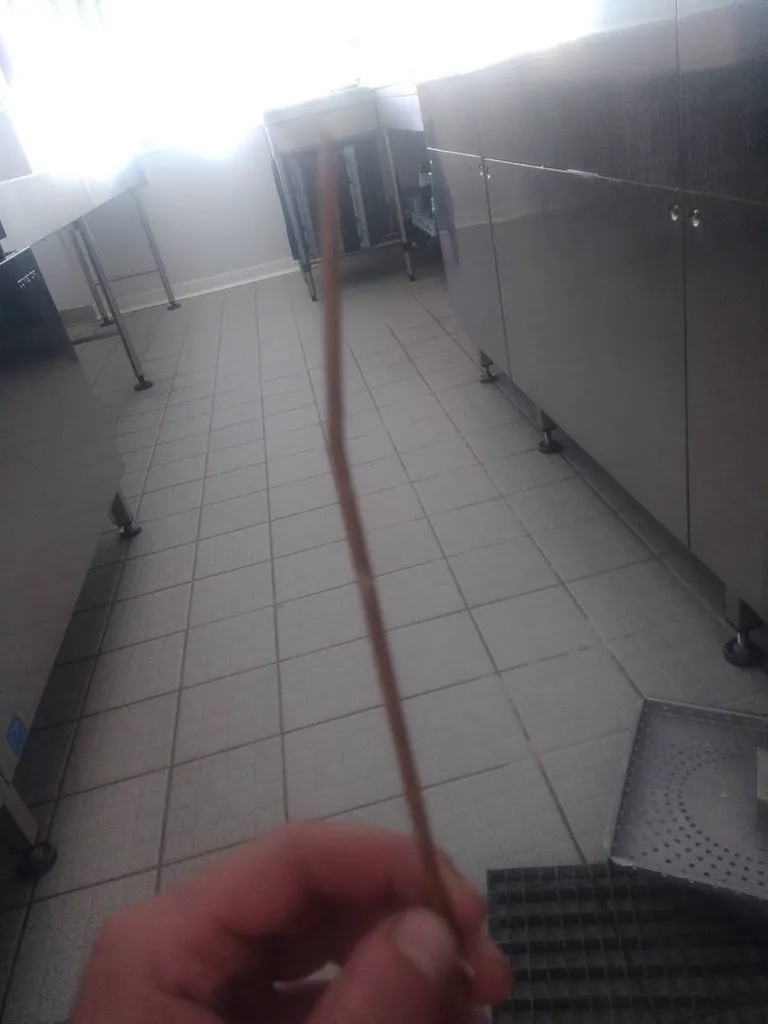 Pique à brochette obstruant une bonde de sol en cuisine