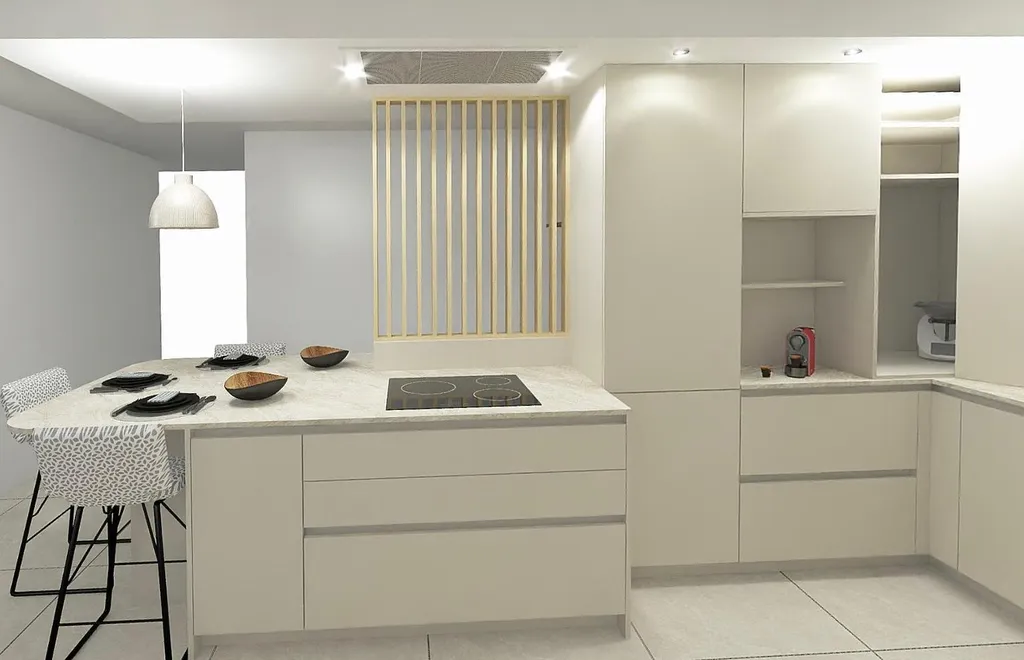 Modélisation 3D d'une cuisine avec une hotte plafond, et des meubles de rangement pour les petits électroménagers près de Toulouse