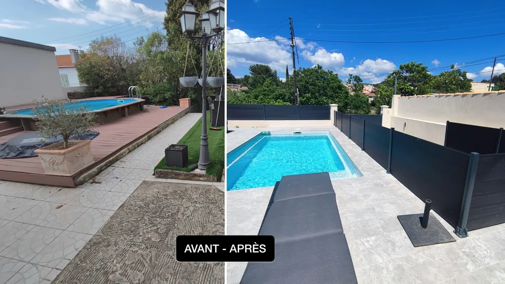Architecte paysagiste aux Camoins, Marseille 13011 : aménagement piscine coque et terrasse sur deux niveaux
