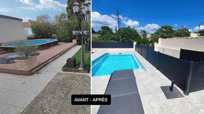 Architecte paysagiste aux Camoins, Marseille 13011 : aménagement piscine coque et terrasse sur deux niveaux