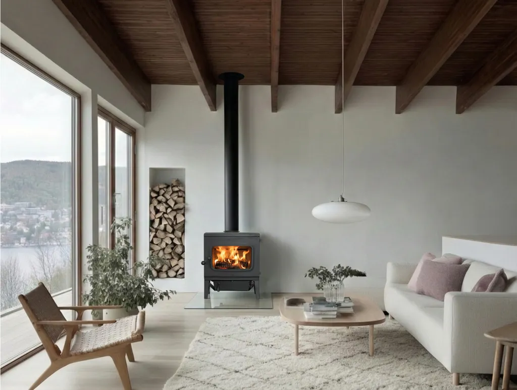 JOTUL F 405 en situation dans une pièce avec une grande baie vitrée