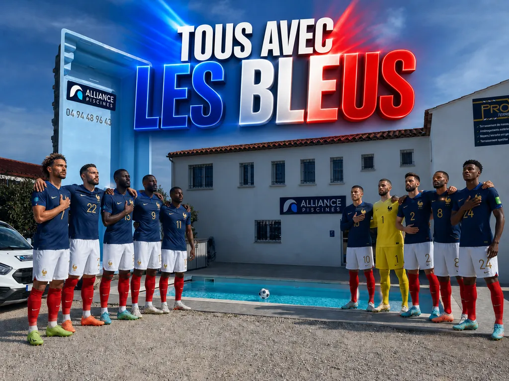 equipe de football de france devant l'agence alliance piscines 83 à Cuers