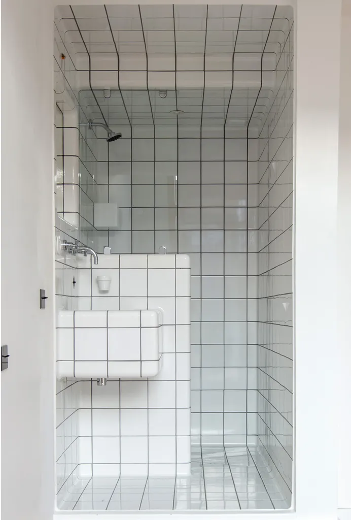 Salle d’eau lumineuse conçue par AKIKO ARCHITECTURE à Nansouty, avec carrelage quadrillé contemporain et lignes épurées