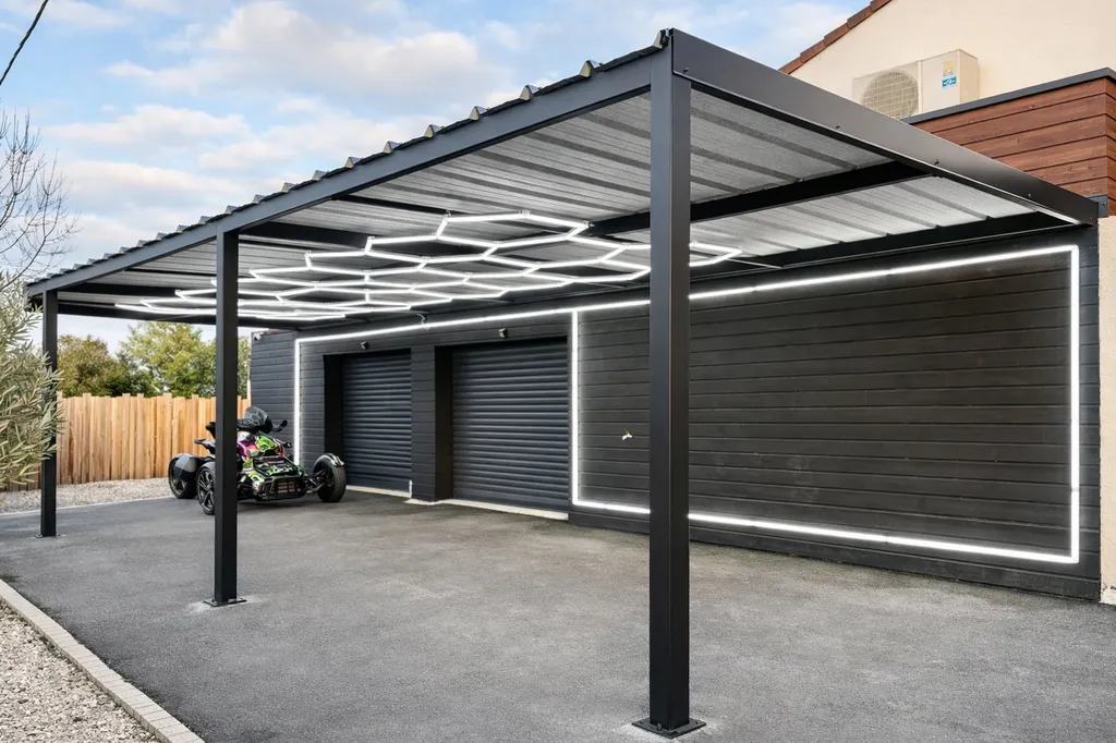 Carport en acier thermolaqué 11x4 m adossé à une maison à Portet-sur-Garonne – Réalisation par Sud Ouest Métal situé à Pinsaguel