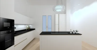 Cuisine blanche mat avec gorges et plinthes dorées