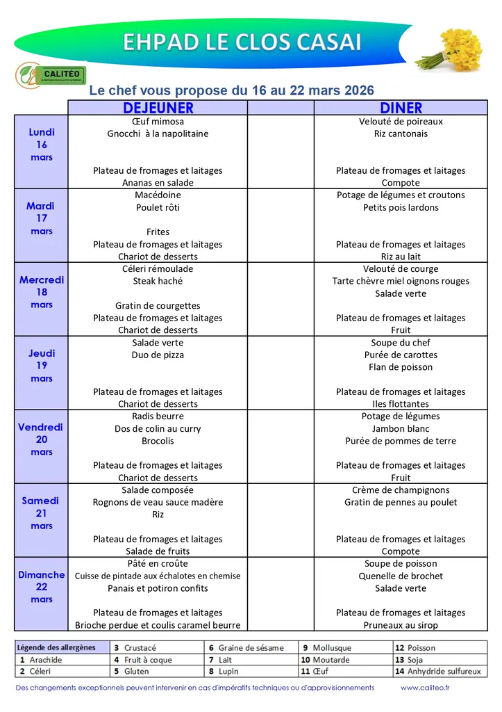 Menu du lundi 16 au dimanche 22 mars 2026