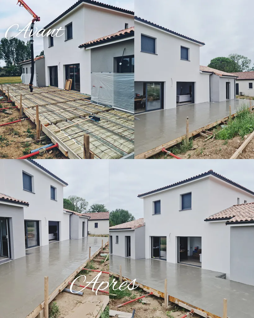 Réalisation d'une terrasse de 85 m2 en béton armé sur pilotis d'un pavillon moderne à Coufouleux dans le Tarn