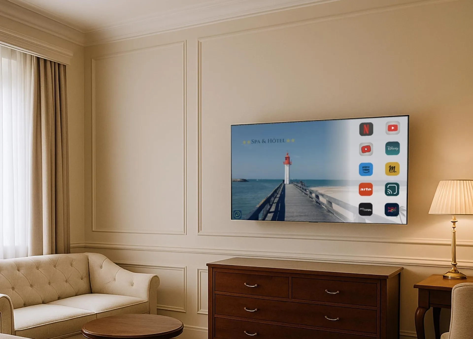 Applications de streaming sur TV smart mode hotel (hospitality) pour clinique hotel et hopital à Paris